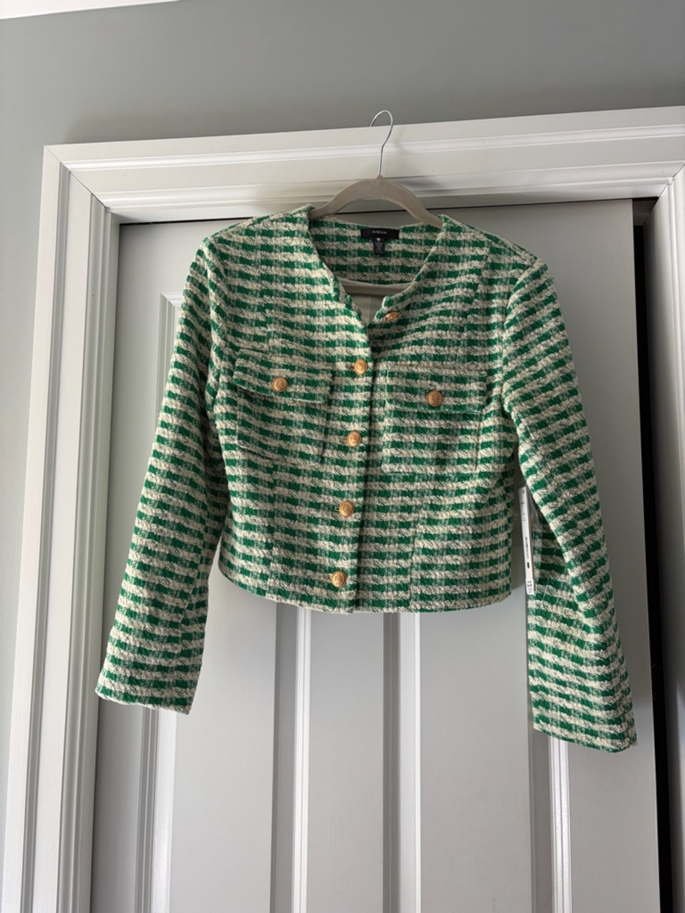 NWT Aqua Green & White Cropped Tweed Blazer with Gold Buttons